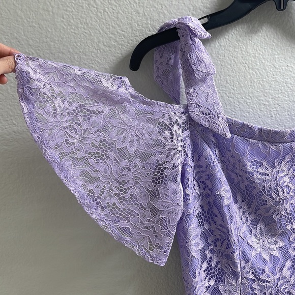 Cold Shoulder Short Sleeve Lace Dress Below Knee Length Purple Extra Small - Picture 10 of 14
